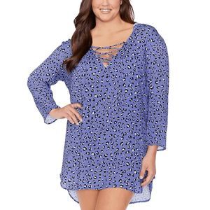 Raisins Curve Trendy Plus Size Alba Printed Hooded Swim Cover-up-Grey 2X